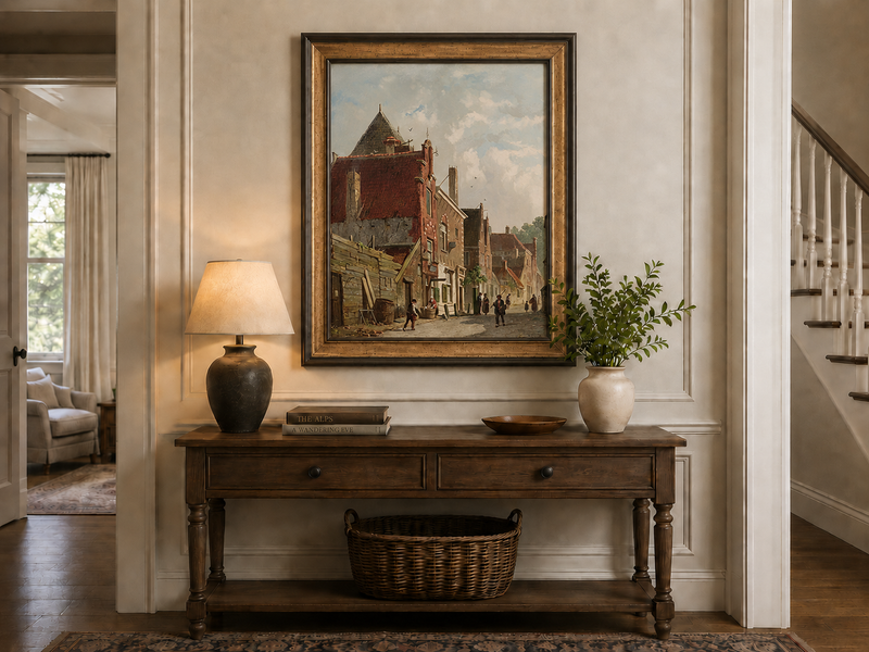 Landscape Oil Painting - Town Street with Figures & Architecture