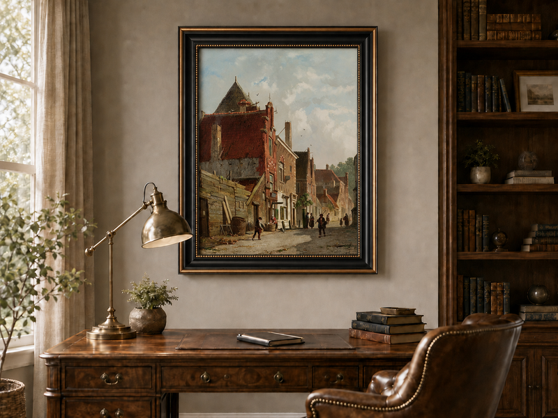 Landscape Oil Painting - Town Street with Figures & Architecture