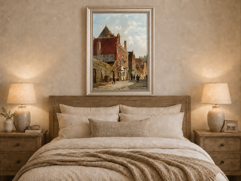 Landscape Oil Painting - Town Street with Figures & Architecture