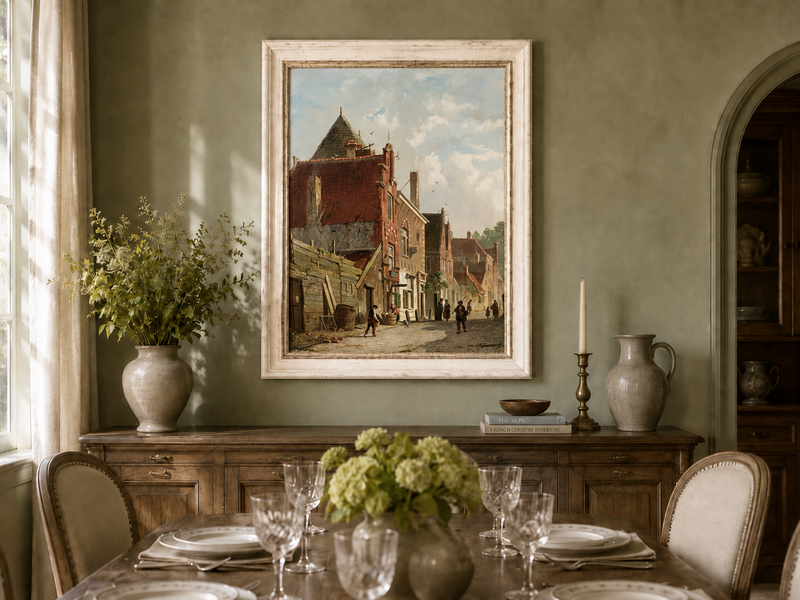 Landscape Oil Painting - Town Street with Figures & Architecture