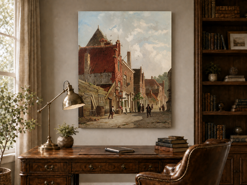 Landscape Oil Painting - Town Street with Figures & Architecture