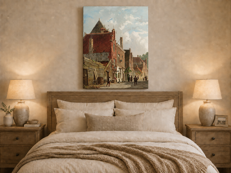 Landscape Oil Painting - Town Street with Figures & Architecture