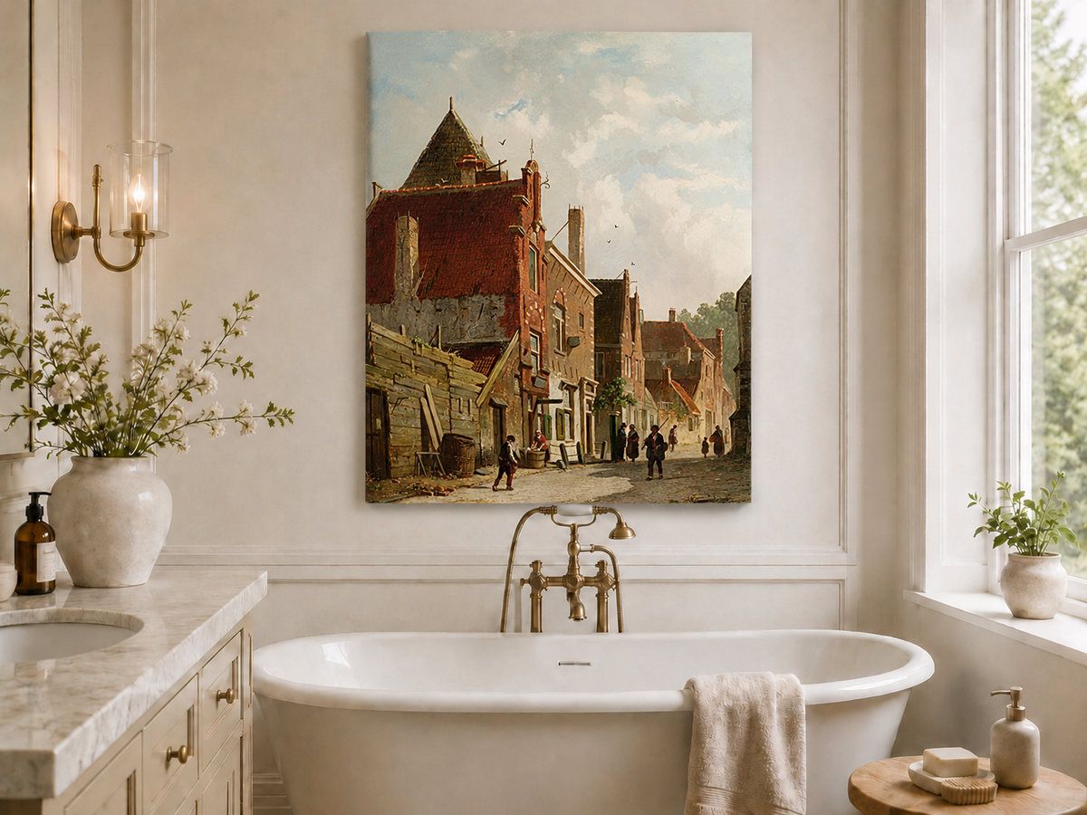 Landscape Oil Painting - Town Street with Figures & Architecture