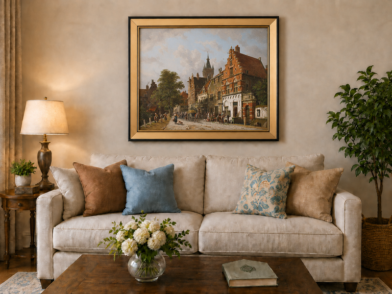 Landscape Oil Painting - Town Street with Figures & Buildings