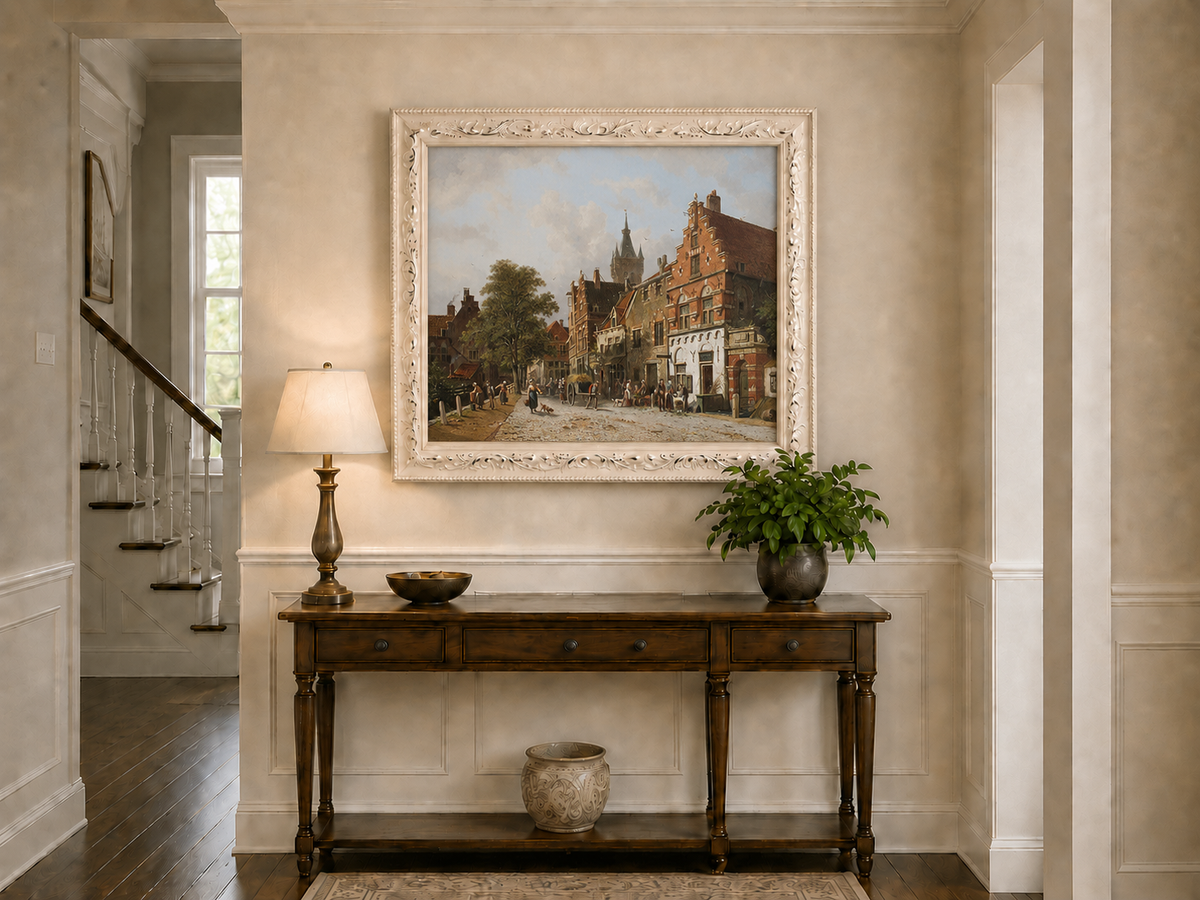 Landscape Oil Painting - Town Street with Figures & Buildings