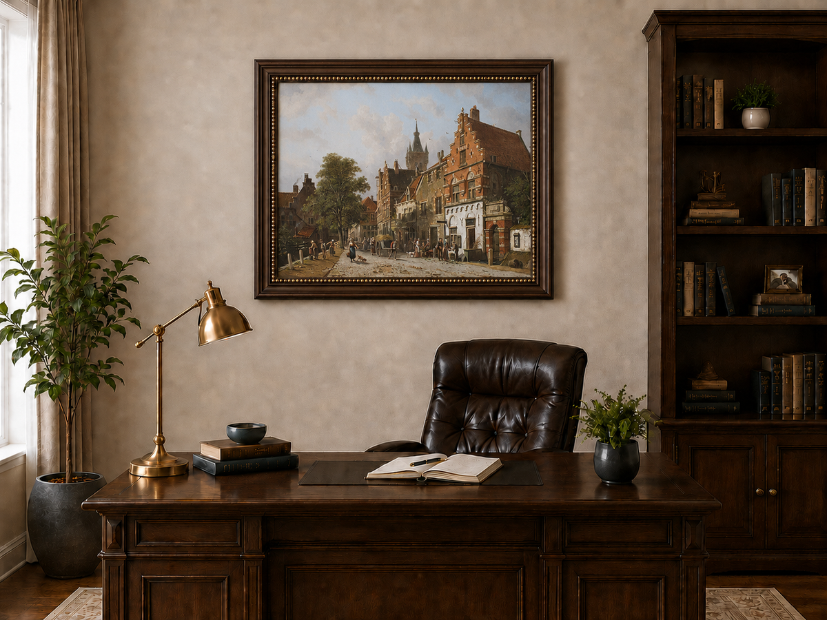 Landscape Oil Painting - Town Street with Figures & Buildings
