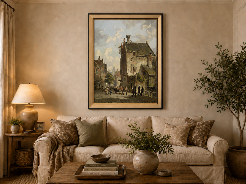 Landschaftsölgemälde – Vintage Stadtansicht mit Figuren &