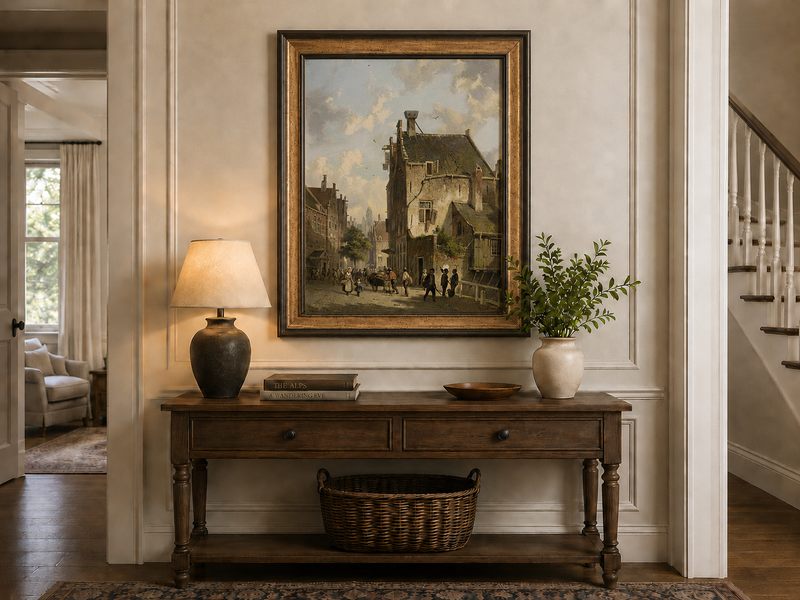 Landschaftsölgemälde – Vintage Stadtansicht mit Figuren &