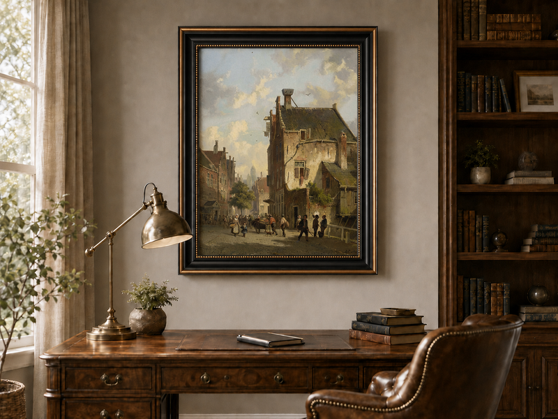 Landschaftsölgemälde – Vintage Stadtansicht mit Figuren &