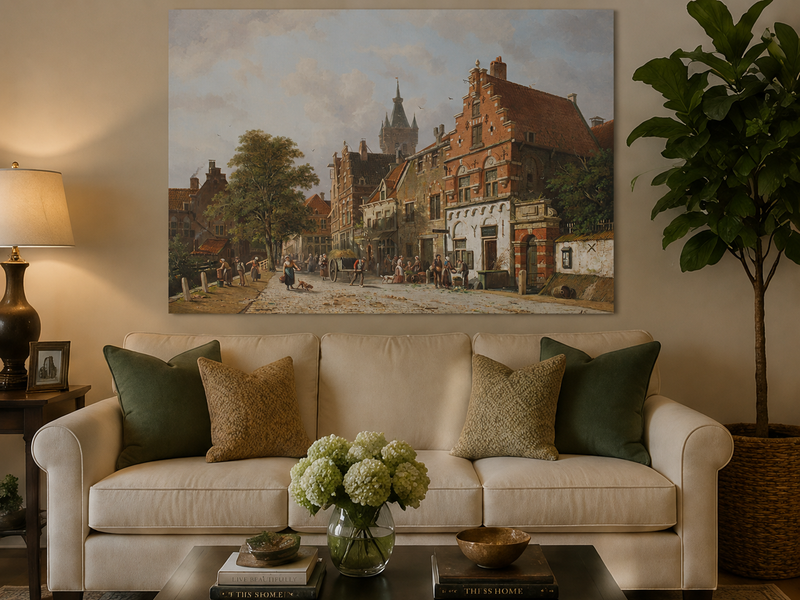 Landscape Oil Painting - Town Street with Figures & Buildings