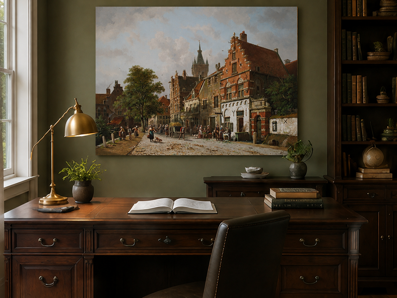 Landscape Oil Painting - Town Street with Figures & Buildings