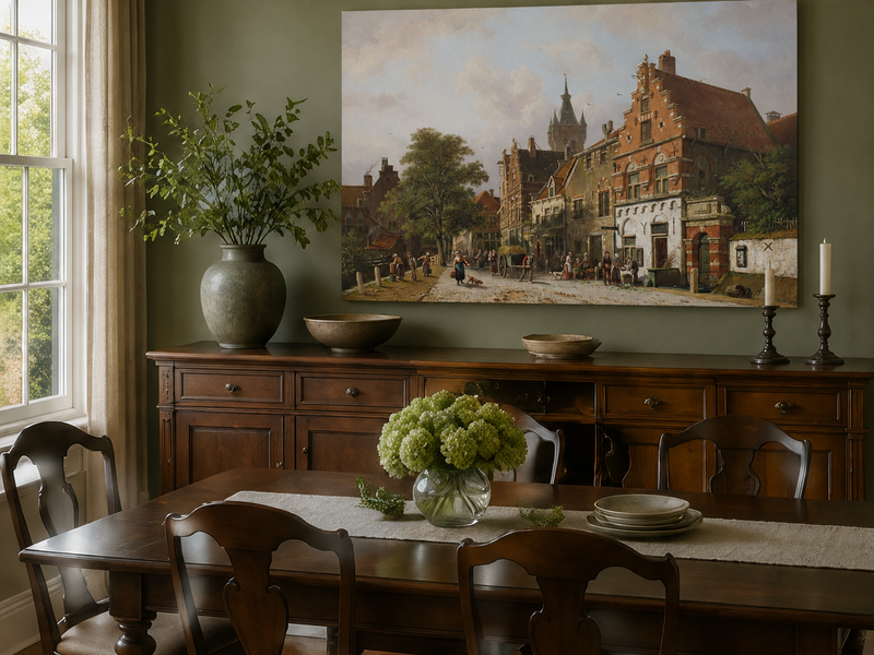 Landscape Oil Painting - Town Street with Figures & Buildings