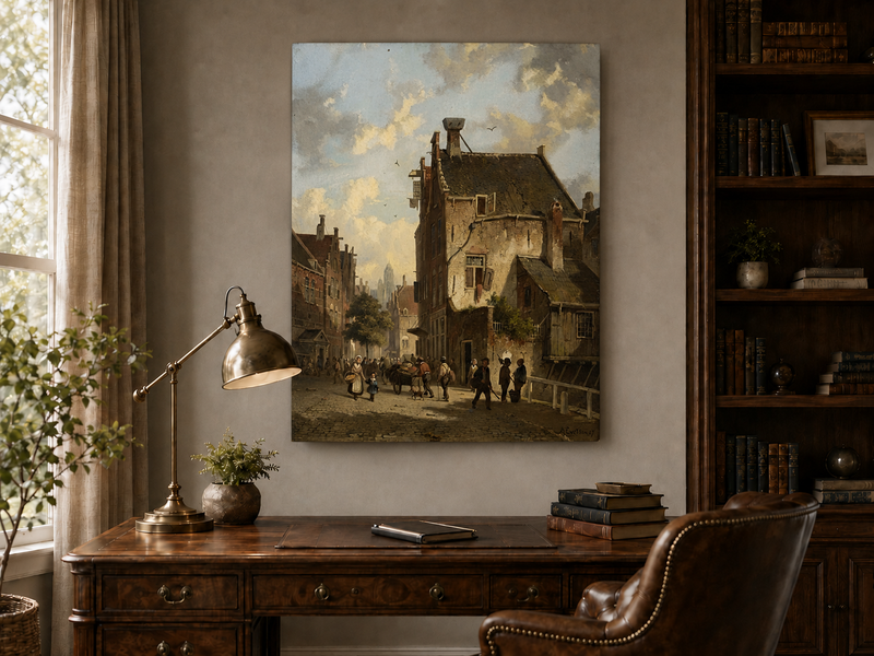 Landschaftsölgemälde – Vintage Stadtansicht mit Figuren &