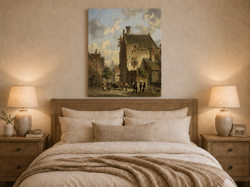 Landschaftsölgemälde – Vintage Stadtansicht mit Figuren &