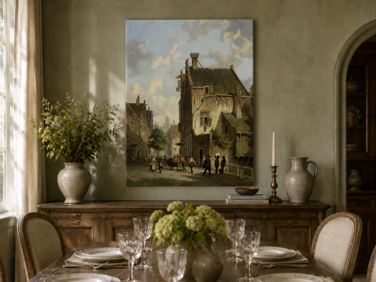 Landschaftsölgemälde – Vintage Stadtansicht mit Figuren &