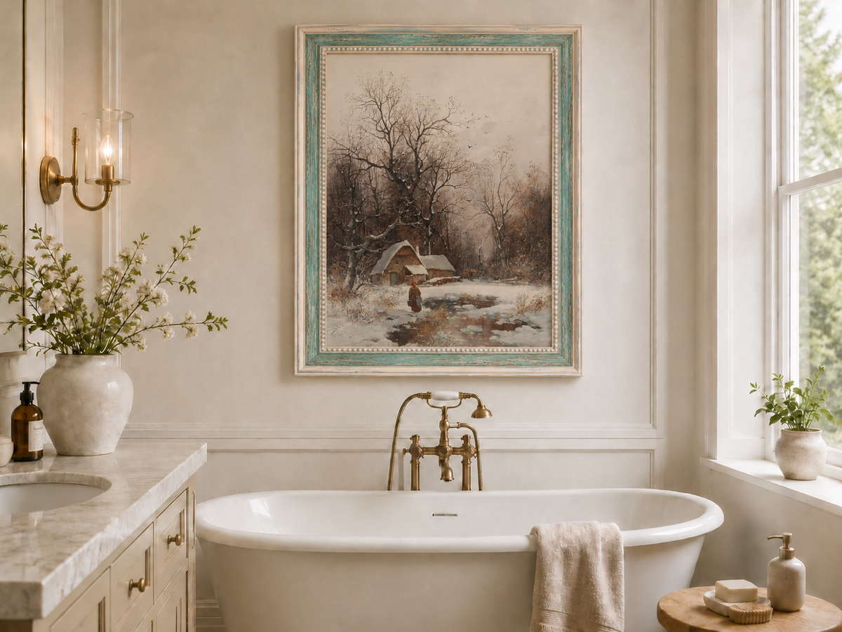 Landscape Oil Painting - Winter Cottage with Snowy Trees & Figure