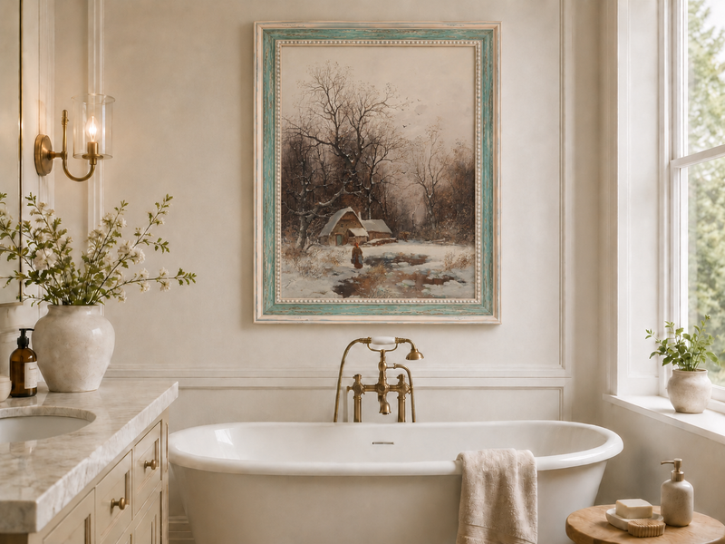 Landscape Oil Painting - Winter Cottage with Snowy Trees & Figure