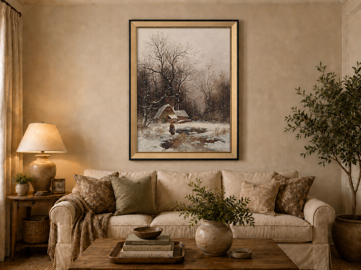 Landscape Oil Painting - Winter Cottage with Snowy Trees & Figure