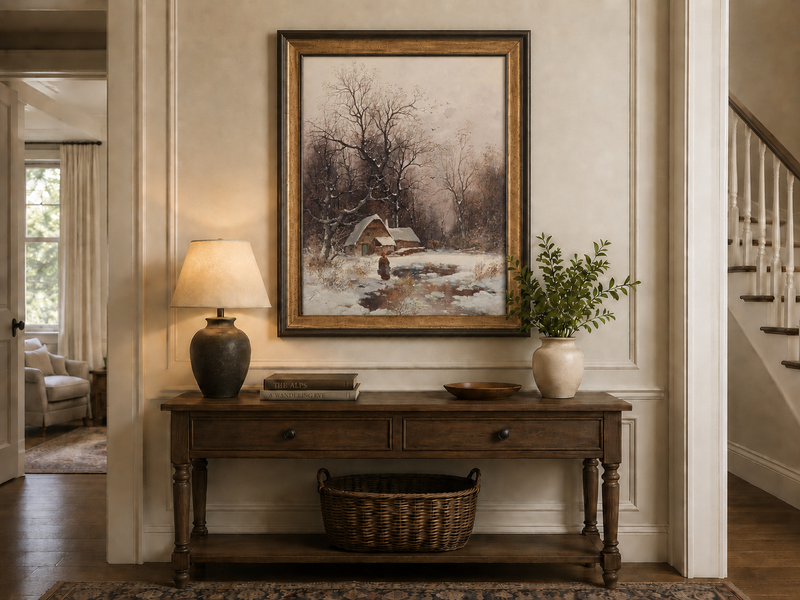 Landscape Oil Painting - Winter Cottage with Snowy Trees & Figure