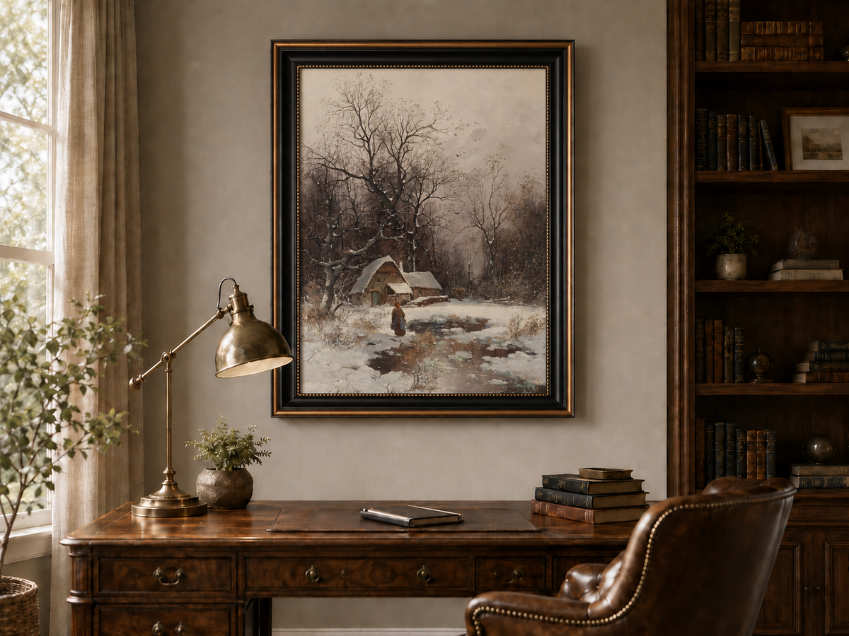 Landscape Oil Painting - Winter Cottage with Snowy Trees & Figure