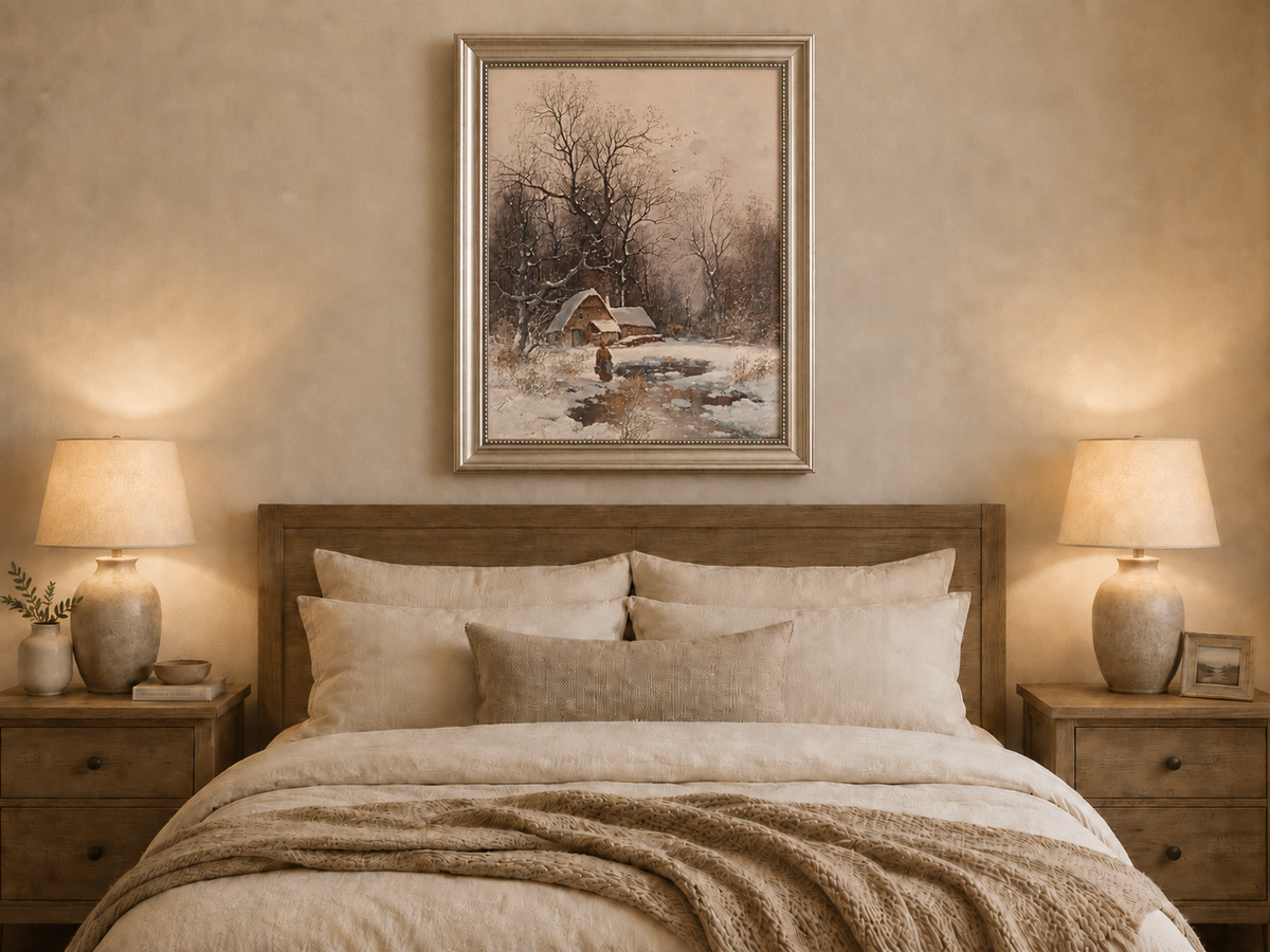 Landscape Oil Painting - Winter Cottage with Snowy Trees & Figure