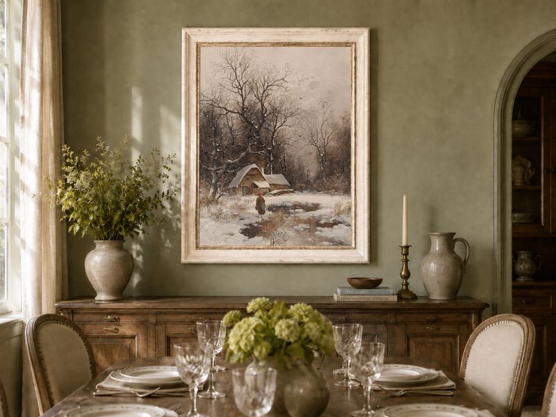 Landscape Oil Painting - Winter Cottage with Snowy Trees & Figure