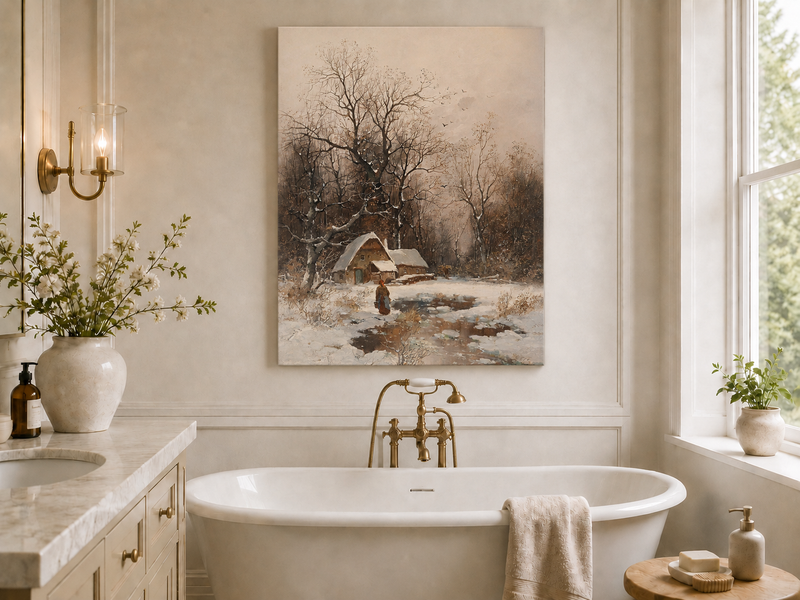 Landscape Oil Painting - Winter Cottage with Snowy Trees & Figure