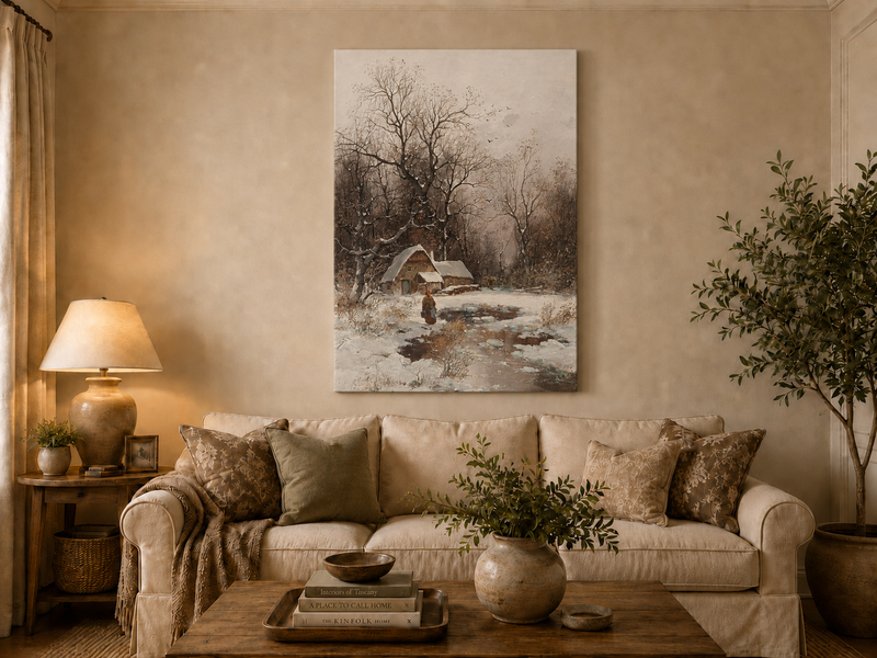 Landscape Oil Painting - Winter Cottage with Snowy Trees & Figure