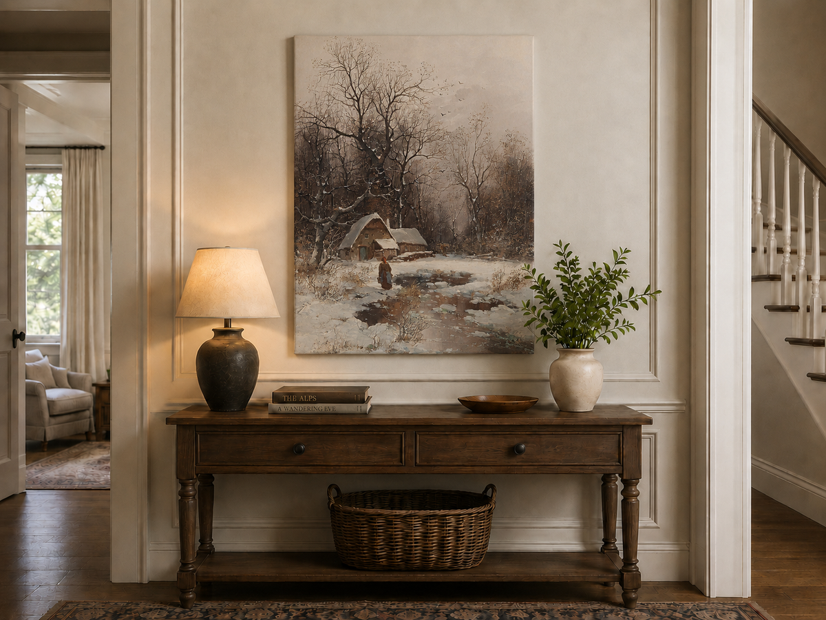 Landscape Oil Painting - Winter Cottage with Snowy Trees & Figure