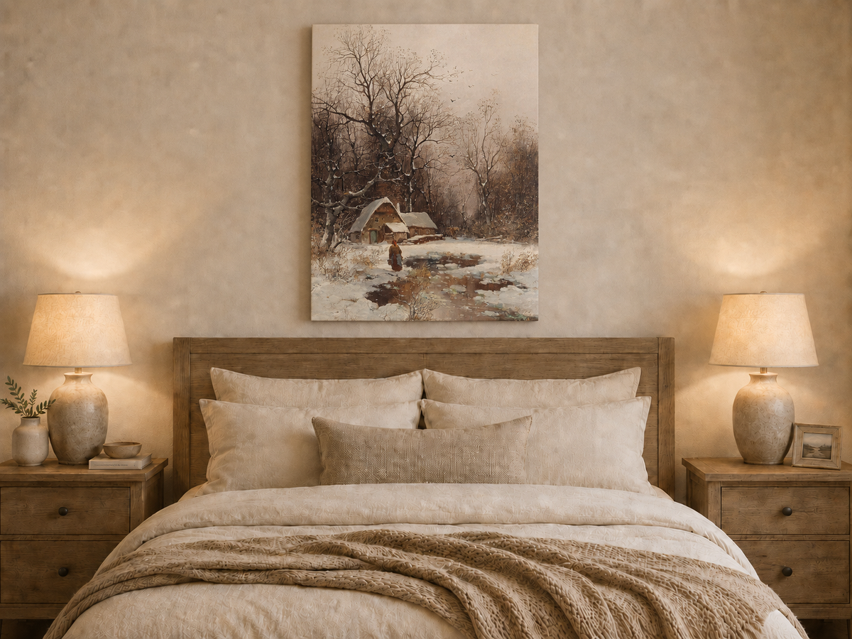 Landscape Oil Painting - Winter Cottage with Snowy Trees & Figure