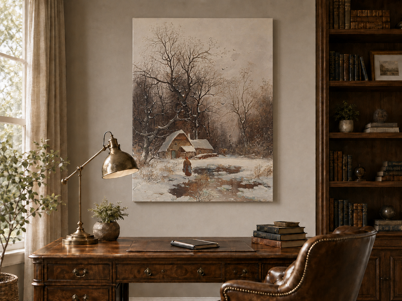 Landscape Oil Painting - Winter Cottage with Snowy Trees & Figure