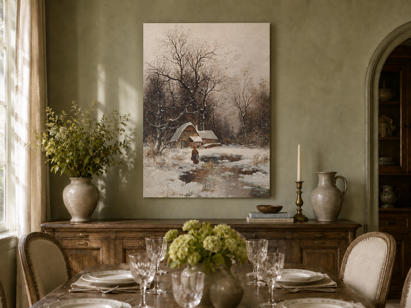 Landscape Oil Painting - Winter Cottage with Snowy Trees & Figure
