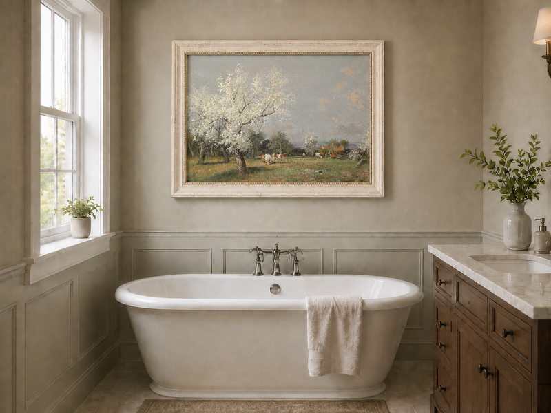 Landscape Oil Painting - Spring Pasture Cows & Blossoming Trees