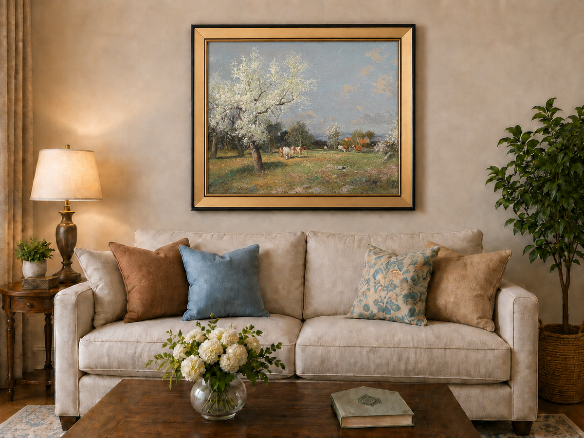 Landscape Oil Painting - Spring Pasture Cows & Blossoming Trees