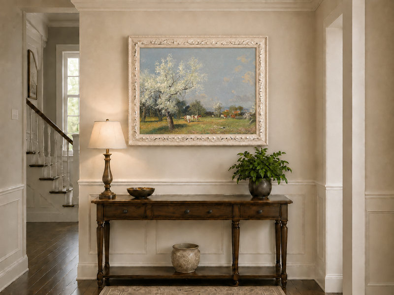 Landscape Oil Painting - Spring Pasture Cows & Blossoming Trees