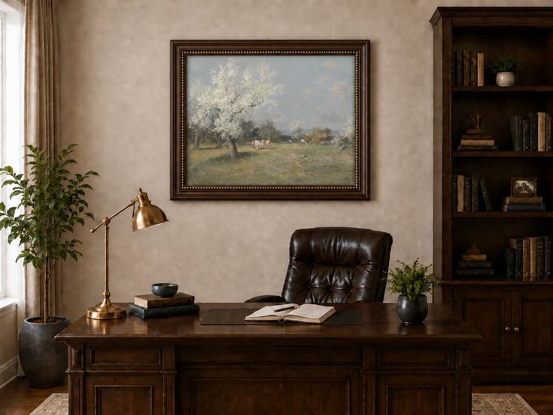 Landscape Oil Painting - Spring Pasture Cows & Blossoming Trees
