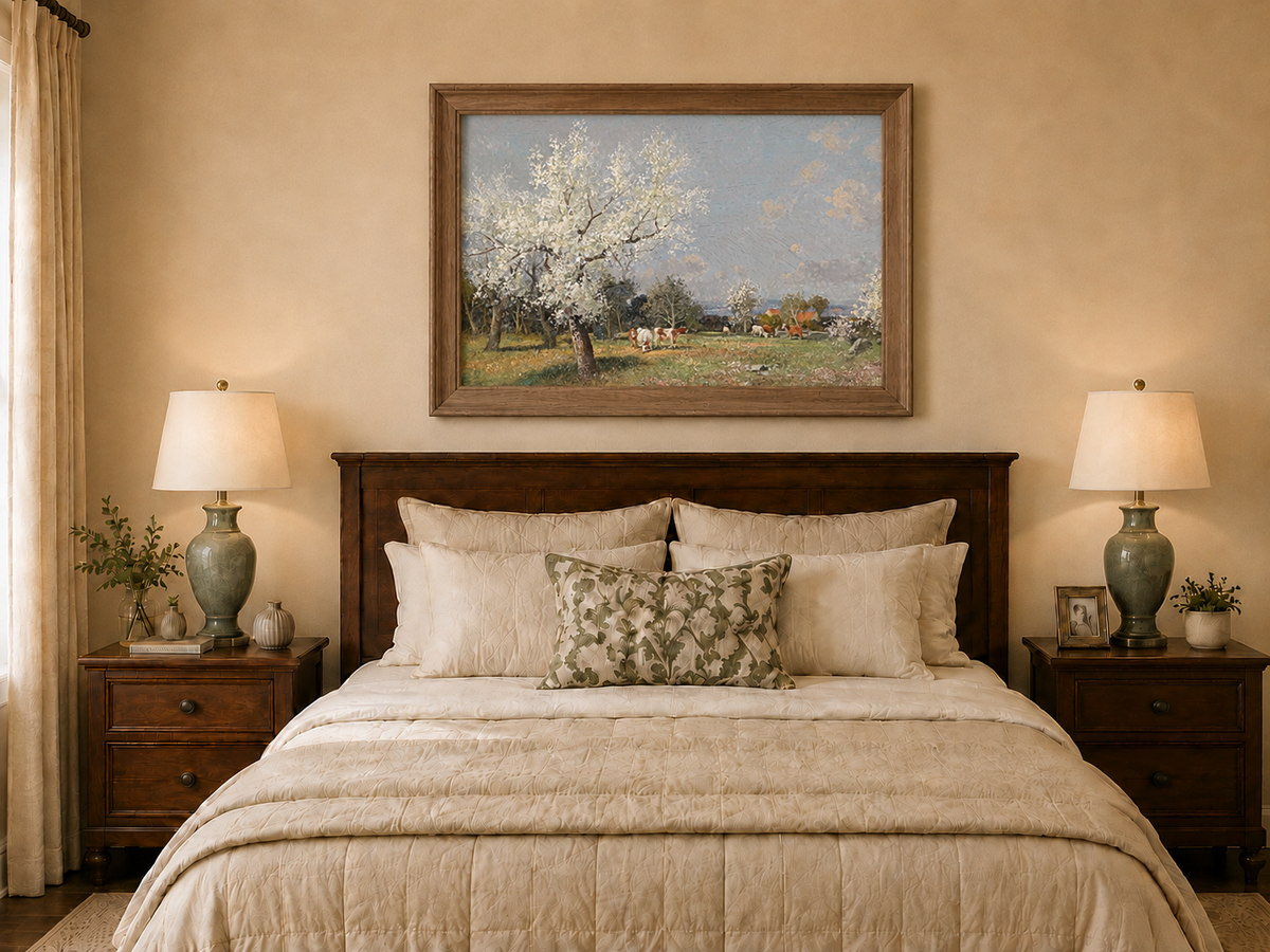 Landscape Oil Painting - Spring Pasture Cows & Blossoming Trees