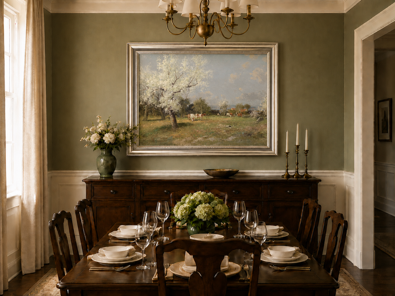 Landscape Oil Painting - Spring Pasture Cows & Blossoming Trees