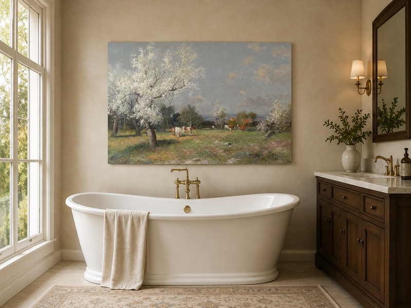 Landscape Oil Painting - Spring Pasture Cows & Blossoming Trees