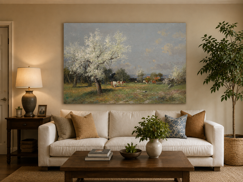 Landscape Oil Painting - Spring Pasture Cows & Blossoming Trees