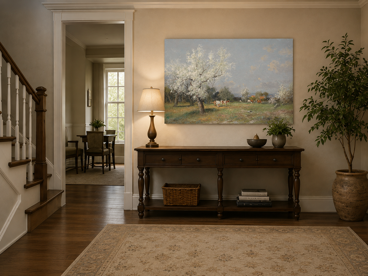 Landscape Oil Painting - Spring Pasture Cows & Blossoming Trees