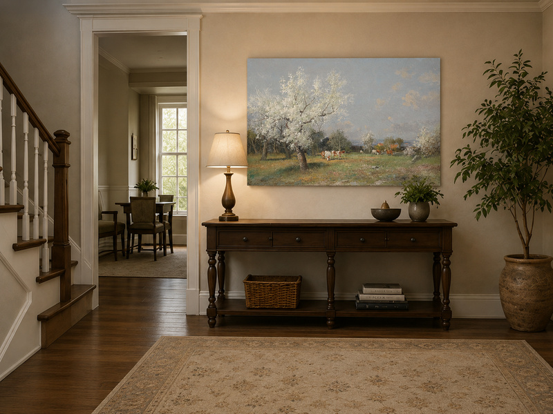 Landscape Oil Painting - Spring Pasture Cows & Blossoming Trees