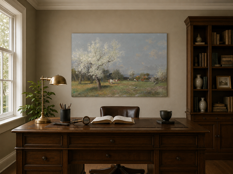 Landscape Oil Painting - Spring Pasture Cows & Blossoming Trees