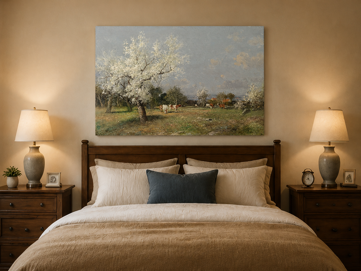 Landscape Oil Painting - Spring Pasture Cows & Blossoming Trees