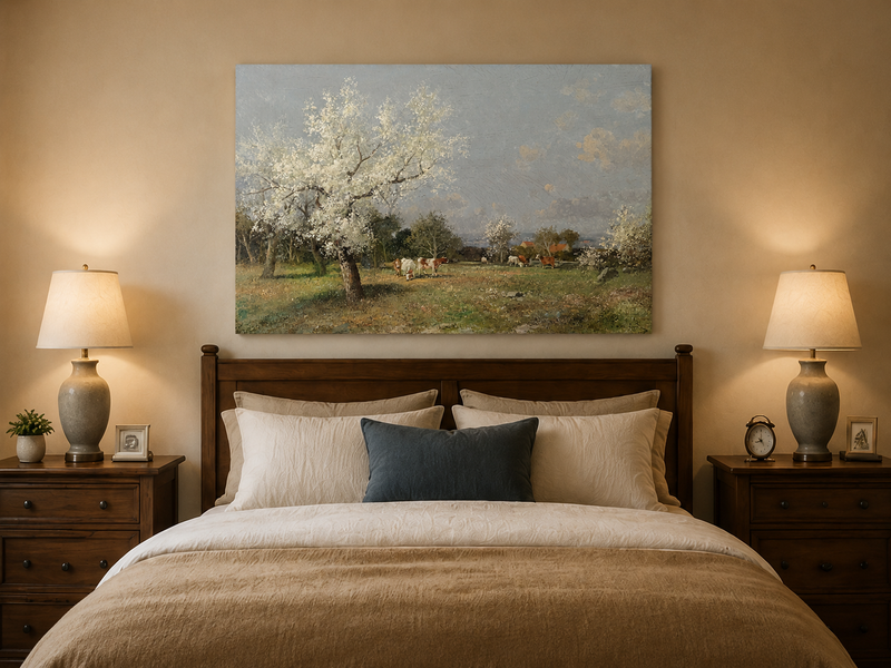 Landscape Oil Painting - Spring Pasture Cows & Blossoming Trees