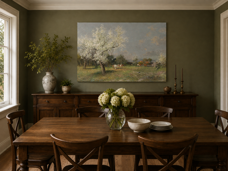 Landscape Oil Painting - Spring Pasture Cows & Blossoming Trees