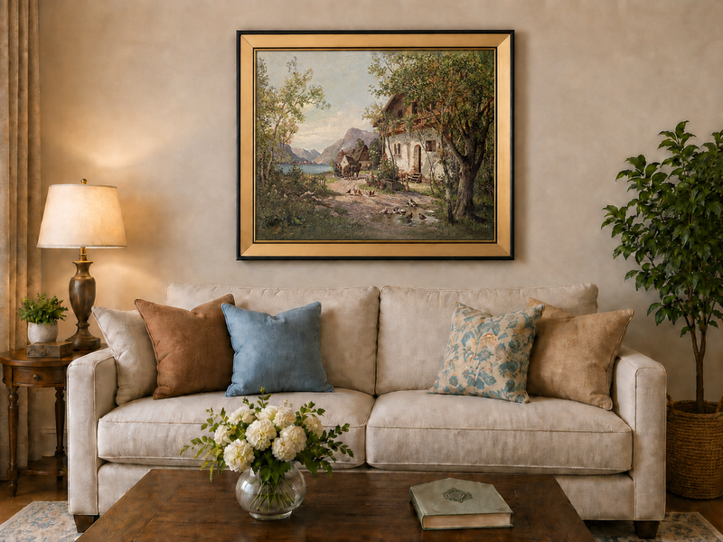 Landscape Oil Painting - Lakeside Farm with Figures & Animals