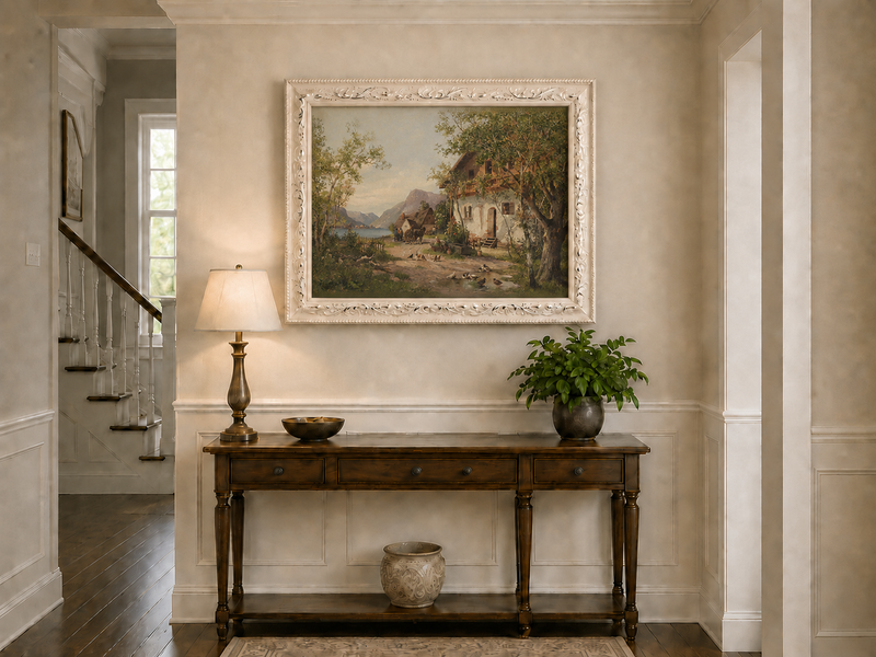 Landscape Oil Painting - Lakeside Farm with Figures & Animals
