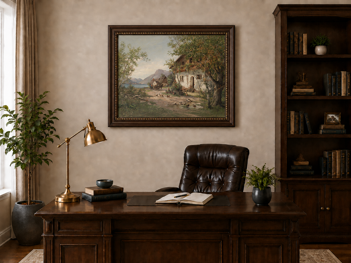 Landscape Oil Painting - Lakeside Farm with Figures & Animals