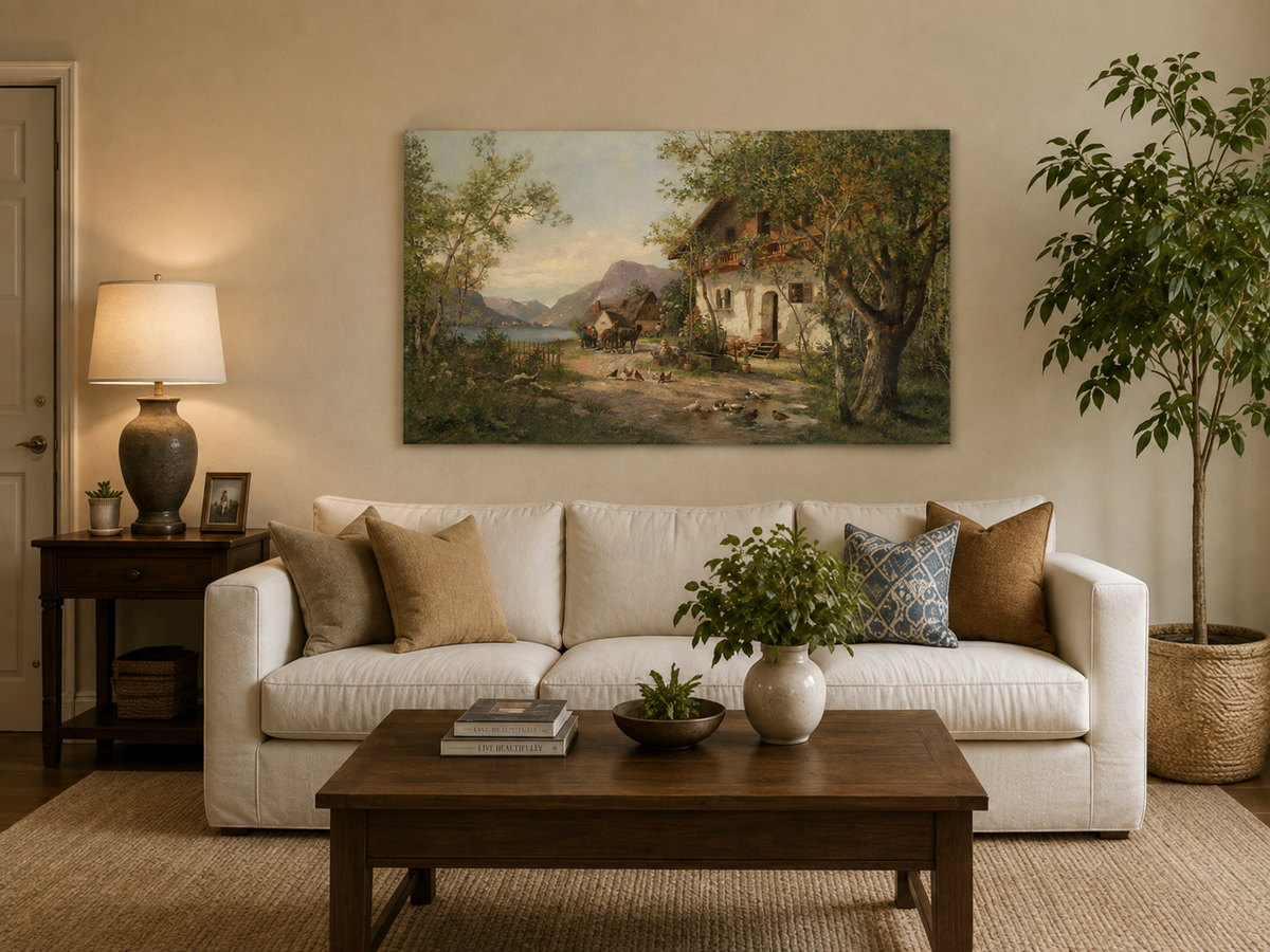 Landscape Oil Painting - Lakeside Farm with Figures & Animals